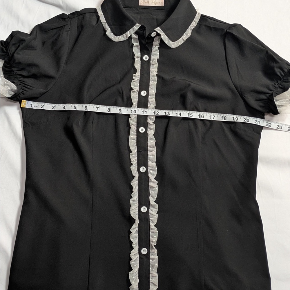 Vintage Black Ruffle White Trim Button Up Blouse - Picture 6 of 7